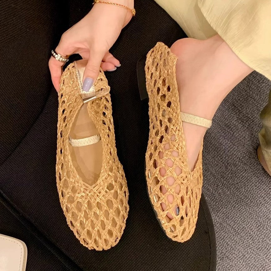 Damen Ballerina-Sandalen mit luftiger Netzstruktur und elastischem Riemen