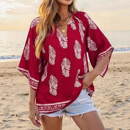 Damen Lockeres Strand-Tunika-Oberteil mit V‑Ausschnitt und Boho‑Print Shop Nory