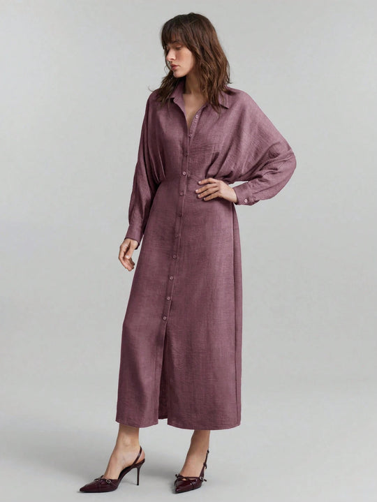 Damen Leinen-Maxikleid mit Hemdkragen, durchgehender Knopfleiste und Fledermausärmeln Shop Nory