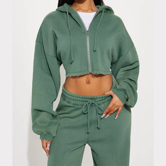 Damen gekürztes Reißverschluss-Kapuzenoberteil und hochtaillierte weite Fleece-Jogginghose Set Shop Nory
