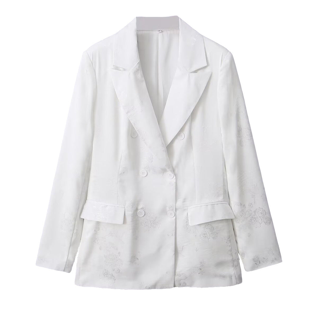 Damen Doppelreihiger Satin-Blazer mit floralem Jacquard und Reverskragen Shop Nory