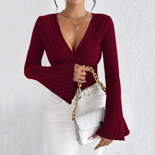 Damen gerippte Wickel-Strickbluse mit tiefem V-Ausschnitt und ausgestellten Glockenärmeln Shop Nory