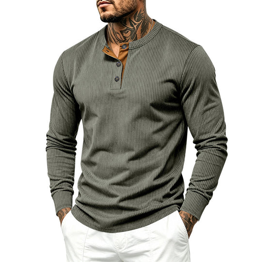 Herren Geripptes Henley-Langarmshirt aus Feinstrick mit Stehkragen und Knopfleiste Shop Nory