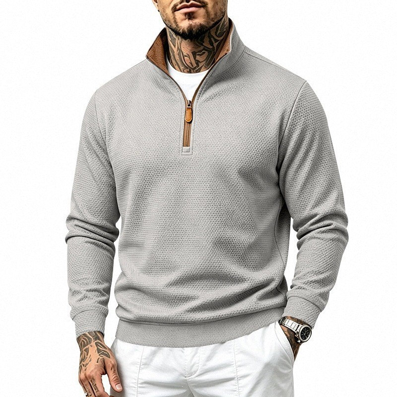Herren Struktur-Halbzipp-Pullover mit Stehkragen und Kontrastinnenkragen Shop Nory
