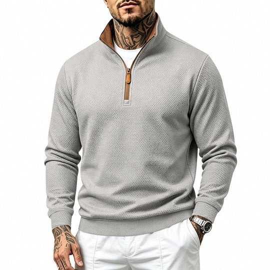 Herren Struktur-Halbzipp-Pullover mit Stehkragen und Kontrastinnenkragen Shop Nory
