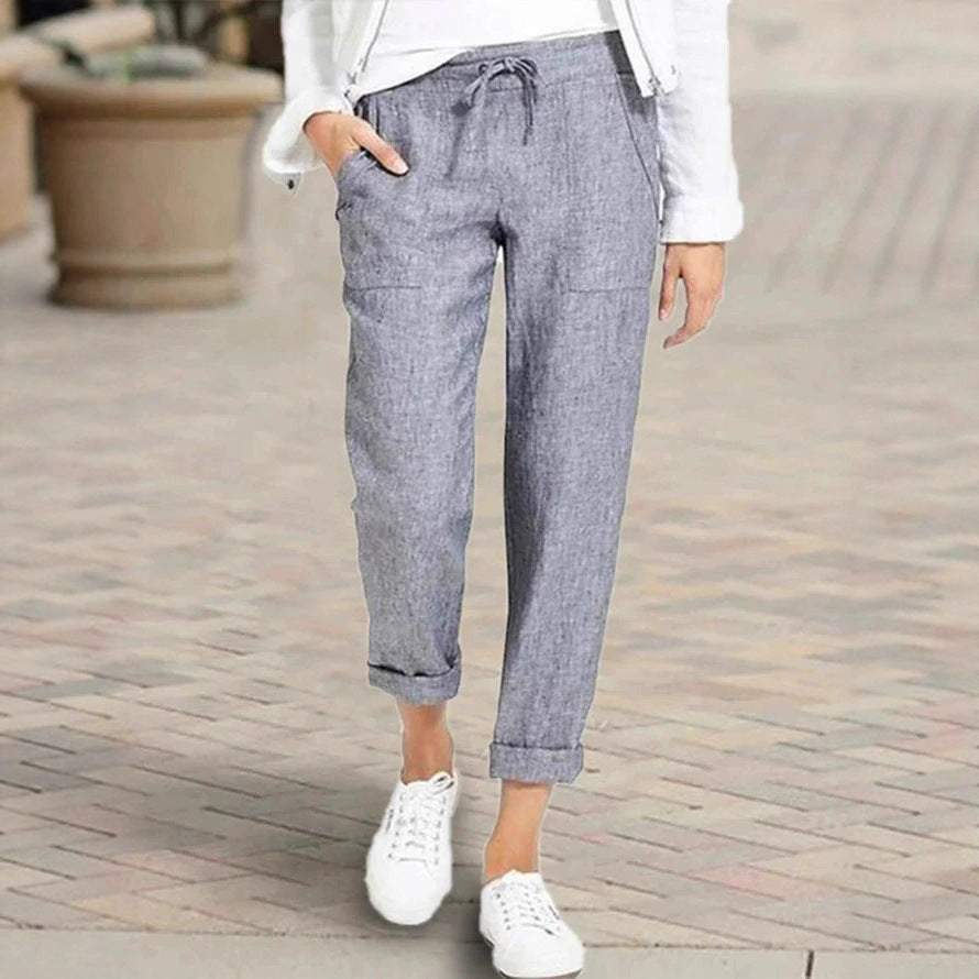 Damen entspannte Leinenhose mit elastischem Bund und praktischen Taschen