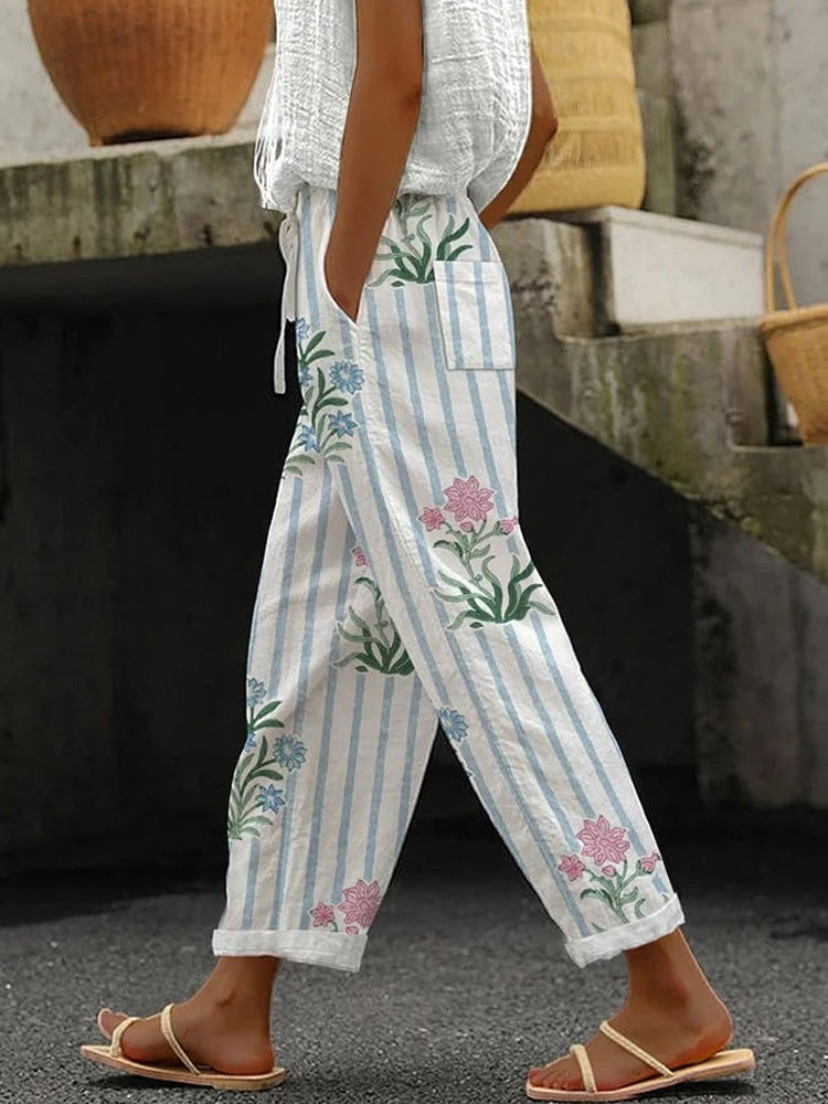 Damen Weite Leinenhose mit handgewShopnorytem Muster