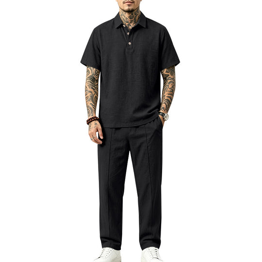 Herren Polo-Lounge-Set aus leichter Leinenmischung mit Kurzarm-Polo und gerader Bundfaltenhose Shop Nory