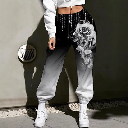 Damen Hohe Taille Jogginghosen mit Ombre-Gradient, Smoke Rose Druck und Elastischen Bündchen Shop Nory