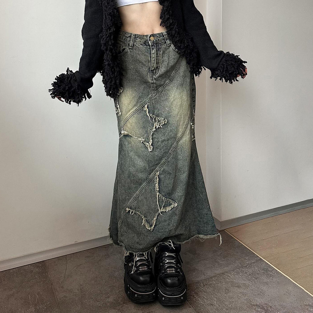 Damen nan vintage Denim-Maxirock mit ausgefransten Patches und diagonalen Ziernähten Shop Nory