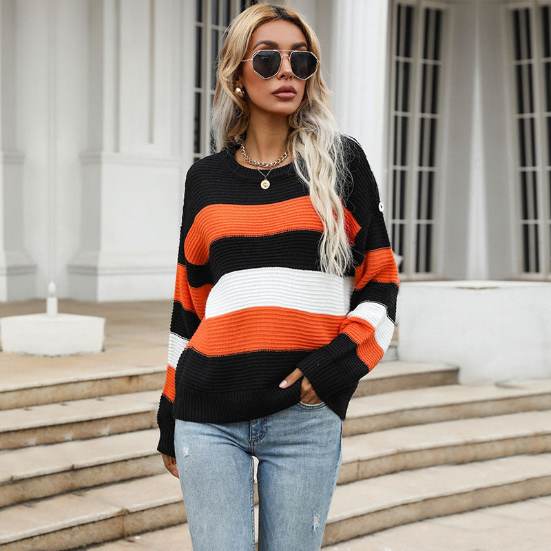 Damen Breitgestreifter Strickpullover im Fisherman‑Look mit gerippter Textur und überschnittener Schulter Shop Nory