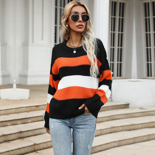 Damen Breitgestreifter Strickpullover im Fisherman‑Look mit gerippter Textur und überschnittener Schulter Shop Nory