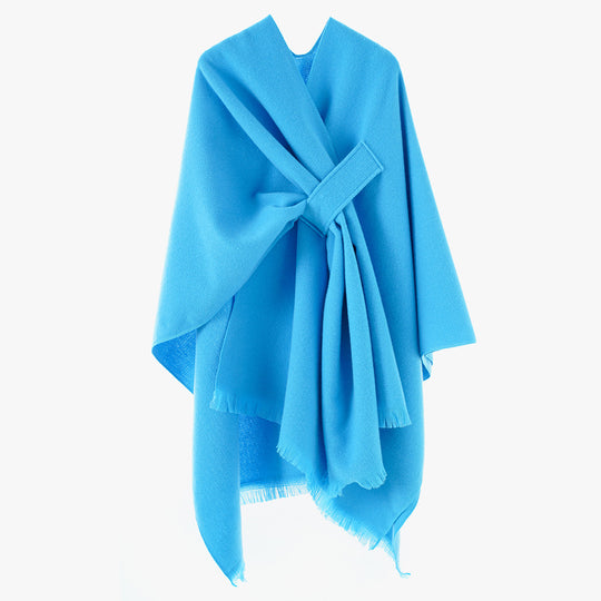 Damen leichter Wollmix-Überwurf mit Fransen und Bindegürtel Shop Nory