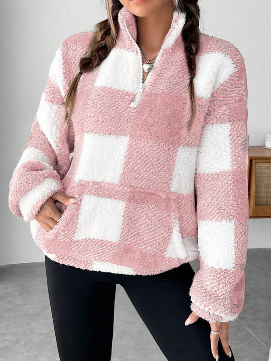 Damen nan kuscheliger Sherpa-Pullover mit Stehkragen, Half-Zip und Kängurutasche Shop Nory