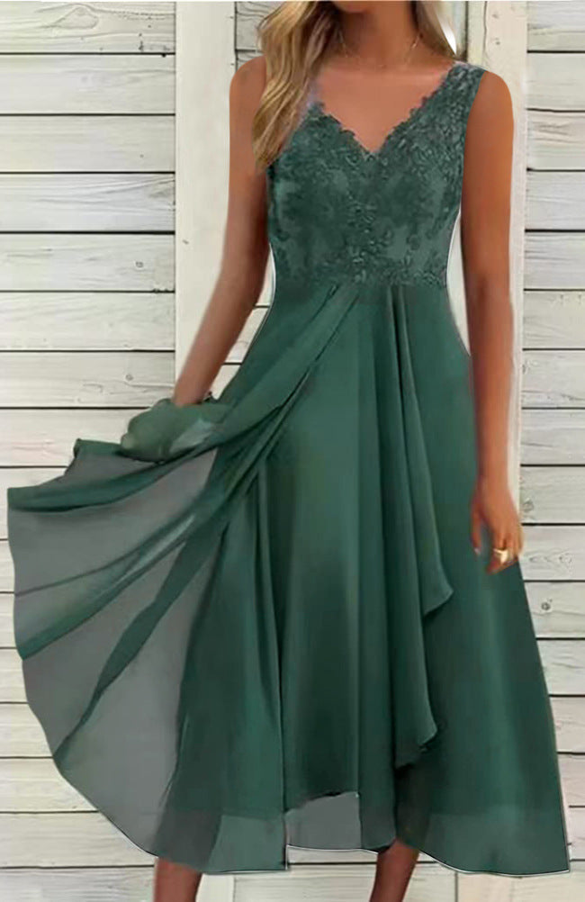 Damen nan elegantes Abend-Midikleid mit bestickter Spitzen-Büste, taillierter Drapierung und fließendem Lagenrock