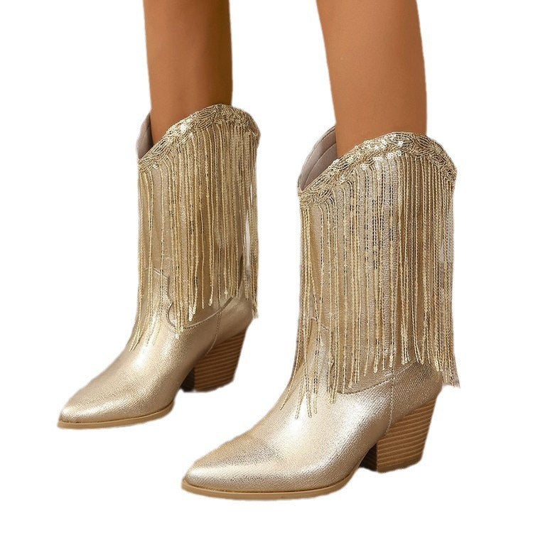 Damen kniehohe Fransen-Cowboystiefel mit feiner Perlenfransen-Verzierung und geformtem Blockabsatz Shop Nory