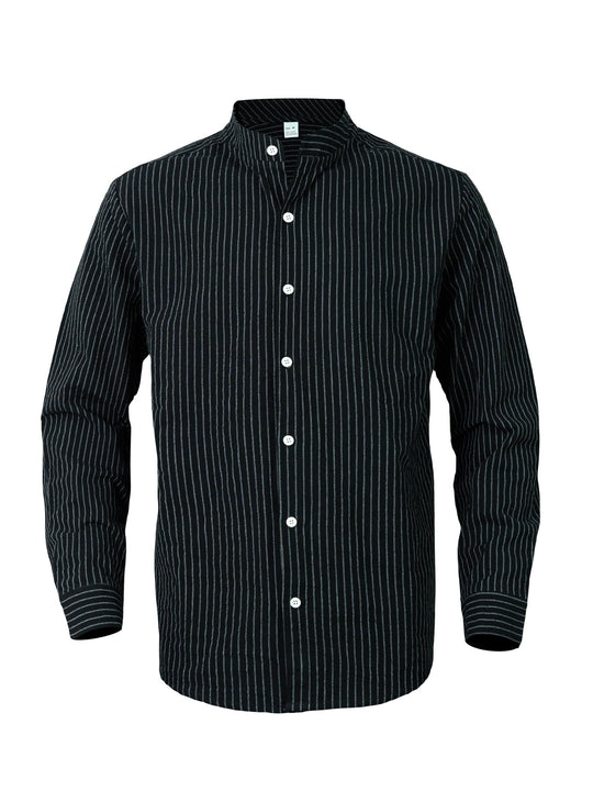 Herren nan gestreiftes Hemd mit Stehkragen, langer Arm und leichter Baumwoll-Leinen-Mix Shop Nory
