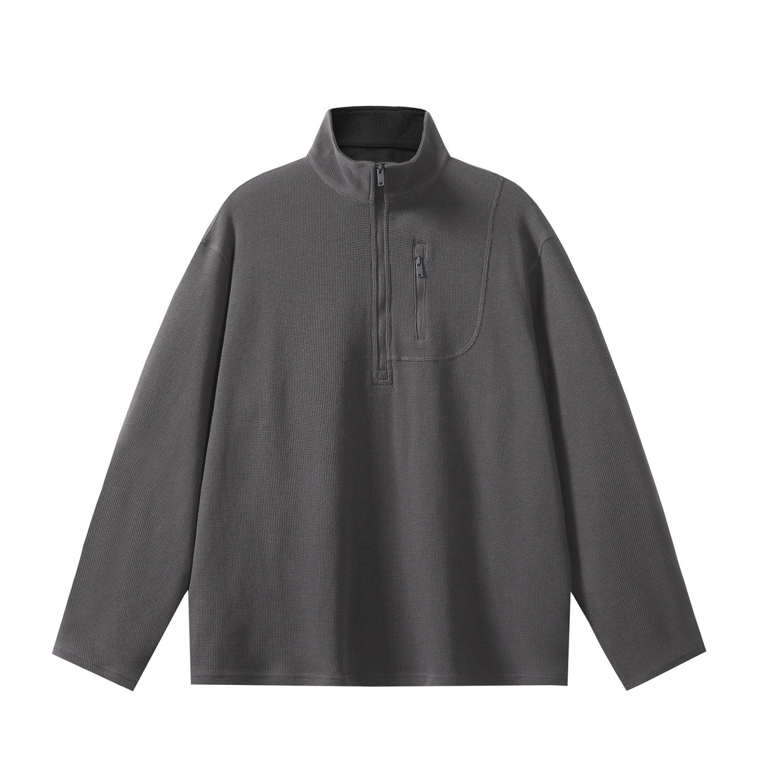 Unisex Leichter Waffelstrick-Halbzip-Pullover mit Stehkragen und Brustzippertasche Shop Nory