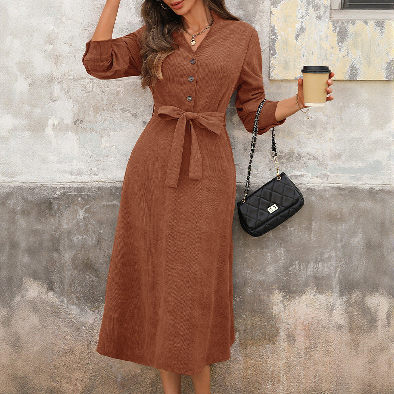 Damen Midikleid A‑Linie mit V‑Ausschnitt, Knopfleiste, dreiviertelärmeln und Taillenband Shop Nory