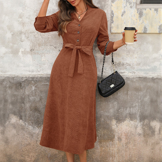 Damen Midikleid A‑Linie mit V‑Ausschnitt, Knopfleiste, dreiviertelärmeln und Taillenband Shop Nory