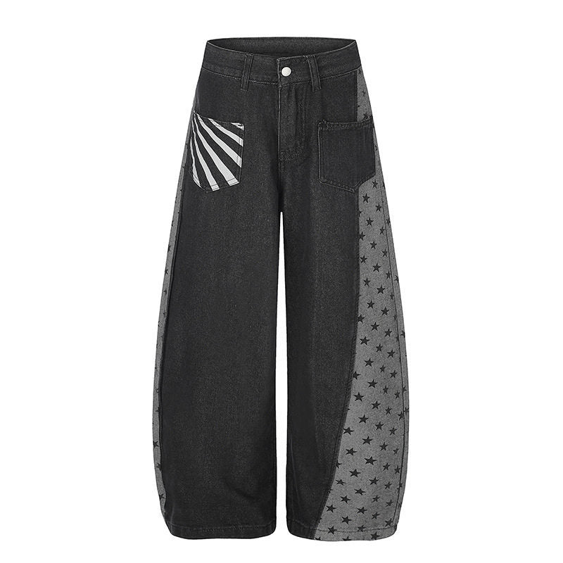 Damen Weite Denim-Palazzohose mit Kontrastseiten, Stern-Print und aufgesetzten Taschen Shop Nory