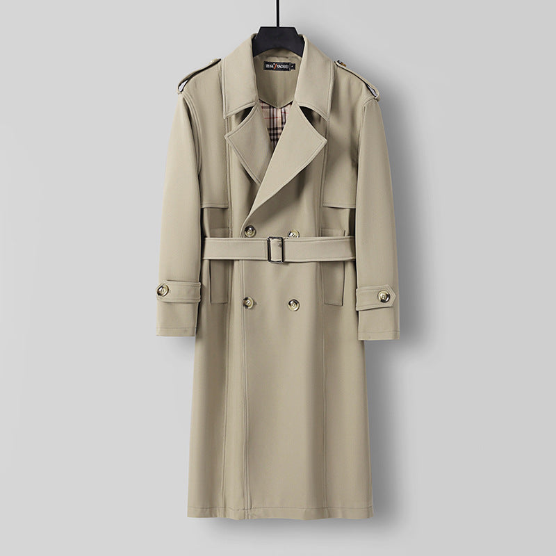 Herren Midilanger Doppelreihiger Trenchcoat mit Taillengürtel, abgefalcetem Revers und kariertem Innenfutter Shop Nory