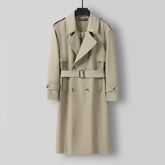 Herren Midilanger Doppelreihiger Trenchcoat mit Taillengürtel, abgefalcetem Revers und kariertem Innenfutter Shop Nory