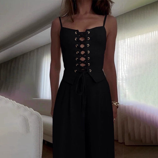 Damen Jumpsuit mit femininer Schnürung und weit geschnittenem Bein