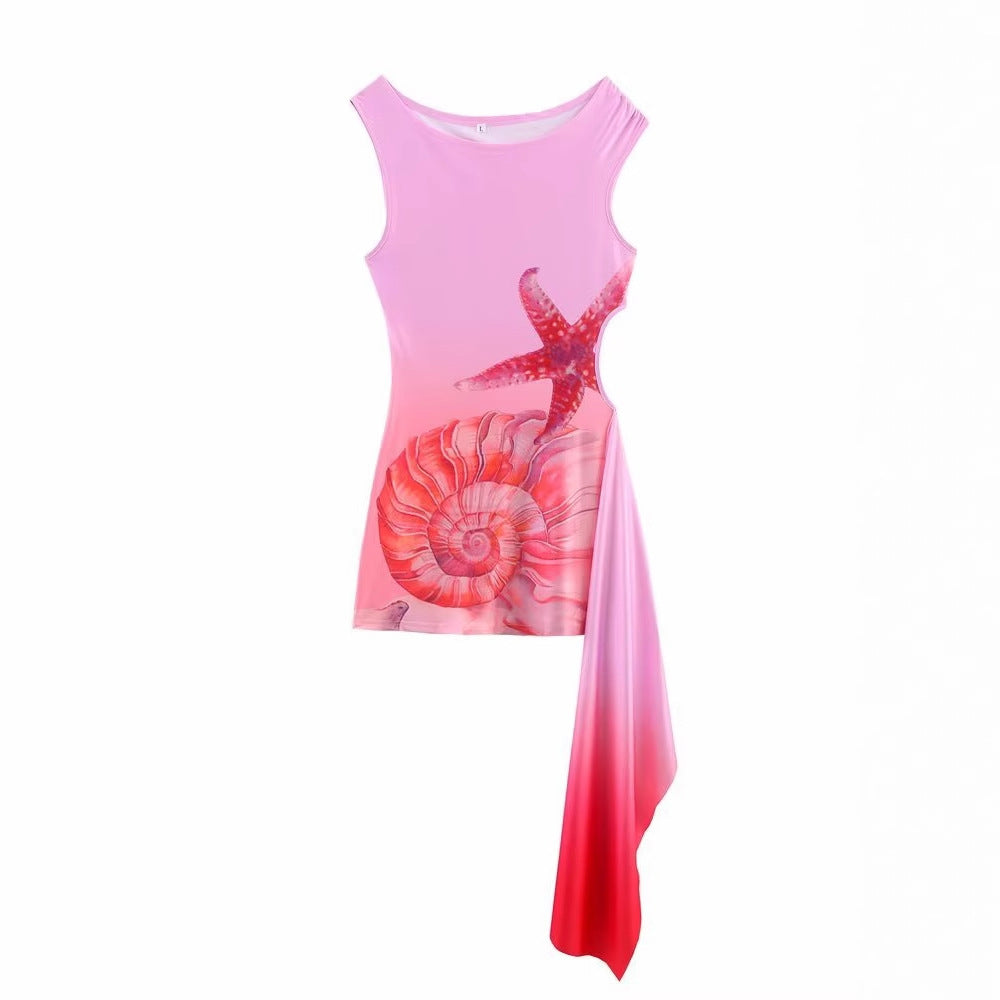 Damen ärmelloses Strandkleid mit maritimen Motiven und asymmetrischem Saum