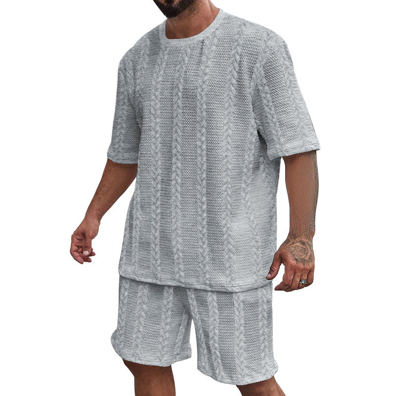 Herren nan entspanntes Zopfstrick-Freizeitset mit weitem Kurzarmshirt und elastischer Bermuda