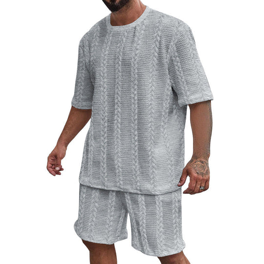 Herren nan entspanntes Zopfstrick-Freizeitset mit weitem Kurzarmshirt und elastischer Bermuda