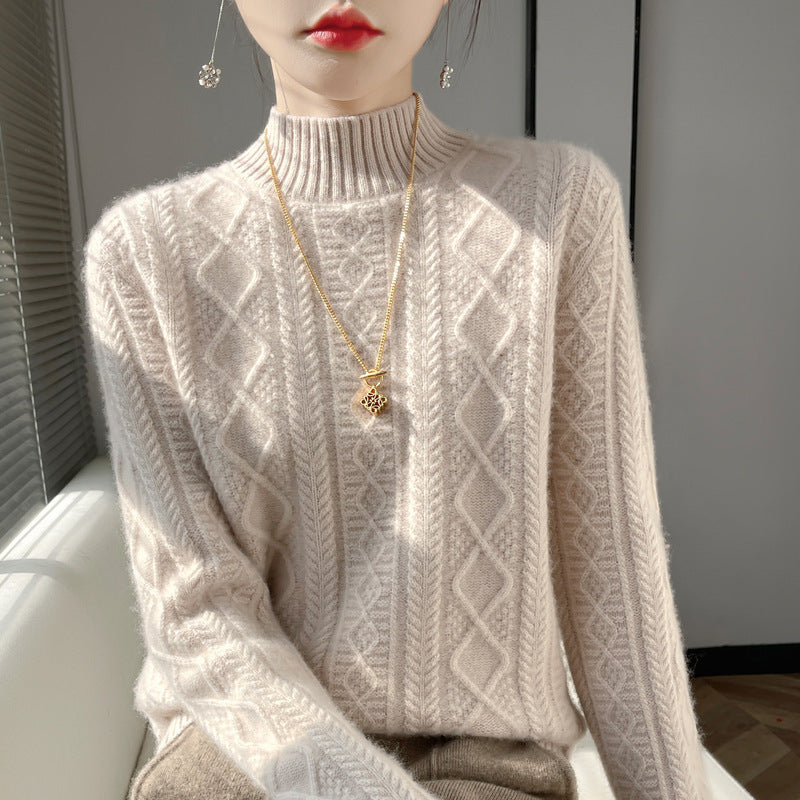 Damen Kuscheliger Mohair‑Optik Mockneckpullover mit Rautenzopfstruktur und kastiger Silhouette Shop Nory