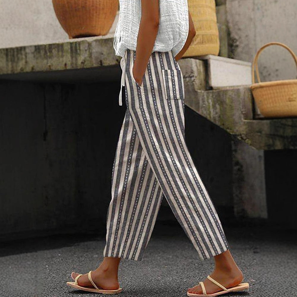 Damen Weite Leinenhose mit Streifenmuster