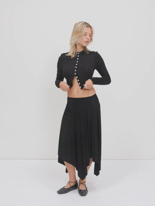 Damen Cropped-Cardigan mit Perlmuttknöpfen und asymmetrischem Zipfel-Midirock Shop Nory