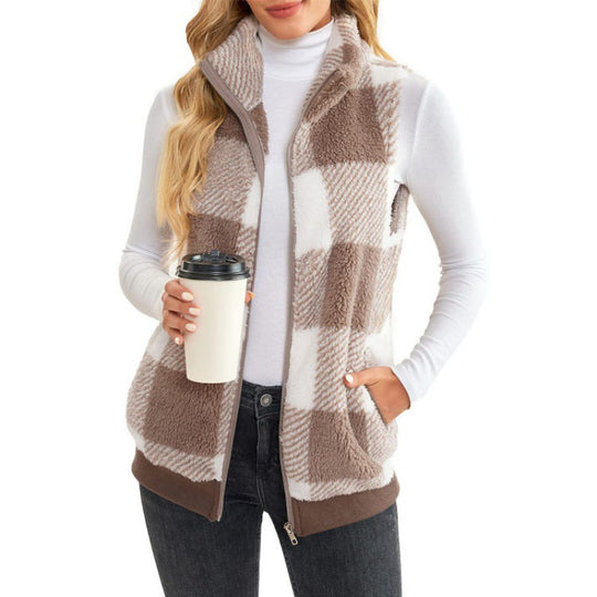 Damen Karierte Teddyweste mit Stehkragen, Reißverschluss und Eingrifftaschen Shop Nory
