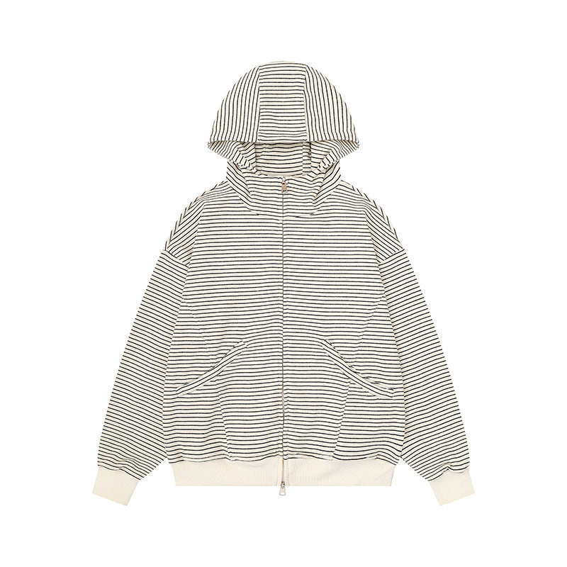 Unisex Gestreifte Kapuzen-Sweatjacke mit Reißverschluss und Kängurutaschen Shop Nory