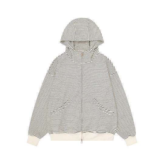 Unisex Gestreifte Kapuzen-Sweatjacke mit Reißverschluss und Kängurutaschen Shop Nory