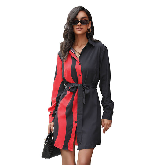 Damen Hemdblusenkleid im Half-and-Half-Design mit seitlichem Streifenpanel und Taillenbindegürtel Shop Nory