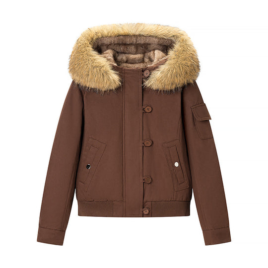 Damen Gefütterte Bomberjacke mit Kunstfellkapuze und Utility-Tasche Shop Nory