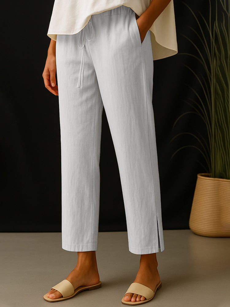 Damen Casual-Chino Leinenoptik Culotte mit elastischem Tunnelzugbund und Eingrifftaschen Shop Nory