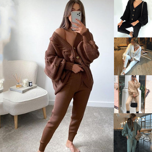 Damen nan kuscheliges Oversize Strickset bestehend aus Zopfmuster Cardigan und taillierter Strick-Jogginghose Shop Nory