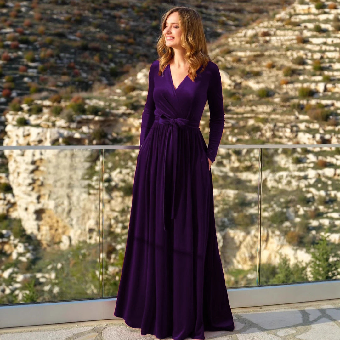 Damen nan elegantes Wickelmaxikleid aus Samt mit V-Ausschnitt, Taillengürtel und seitlichen Eingrifftaschen Shop Nory