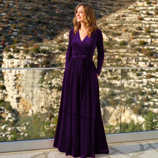 Damen nan elegantes Wickelmaxikleid aus Samt mit V-Ausschnitt, Taillengürtel und seitlichen Eingrifftaschen Shop Nory