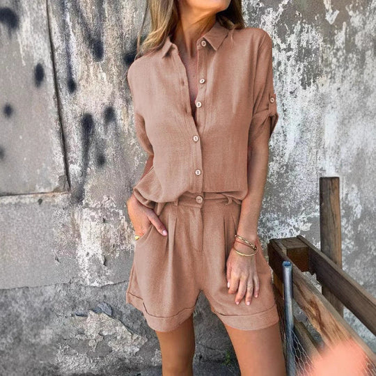 Damen Lässiges Jumpsuit-Set mit knöpfbarem Oberteil und elastischem Taillenzug Shopnory