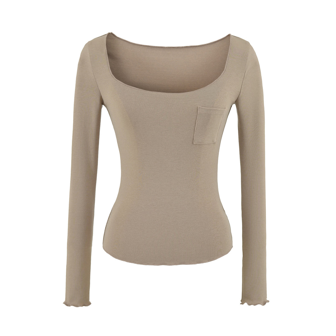 Damen Figurbetontes geripptes Langarmshirt mit weitem Quadrat-Ausschnitt und Brusttasche Shop Nory