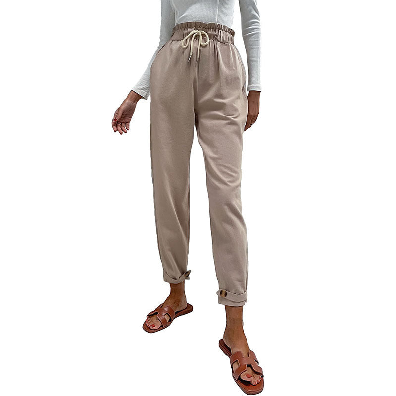 Damen Lässige Hose mit hohem Bund, Tunnelzug, Eingrifftaschen und konischer Beinform Shop Nory