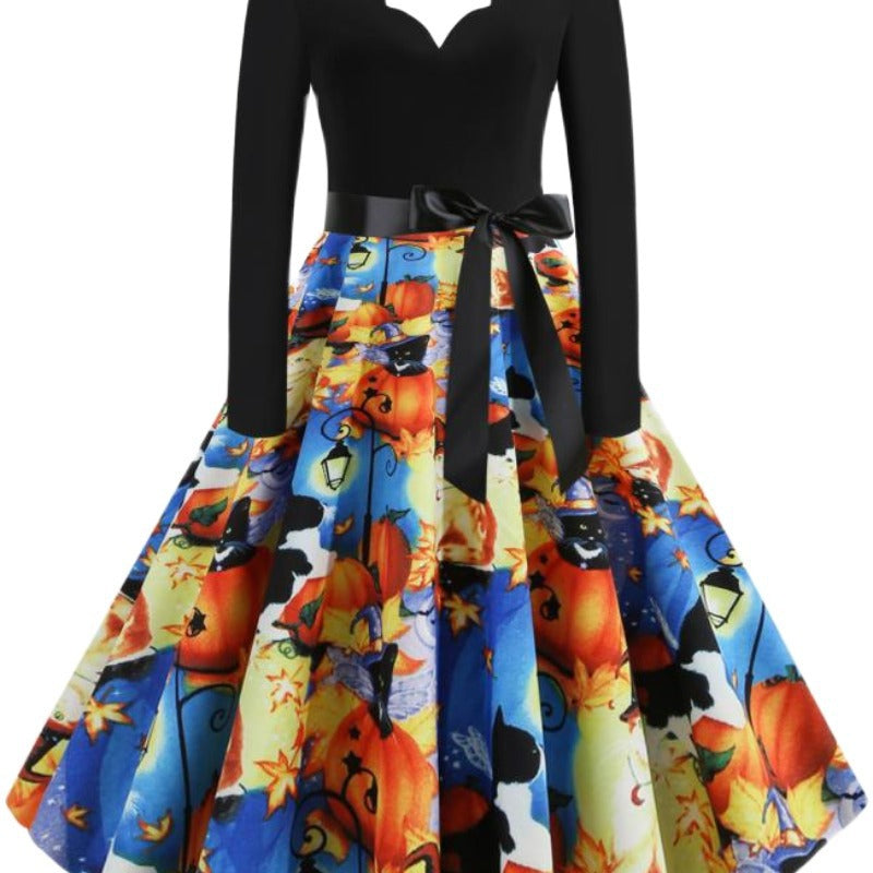 Damen Retro Swingkleid mit gewelltem Ausschnitt, langen Ärmeln und Halloween-Print Tellerrock Shop Nory