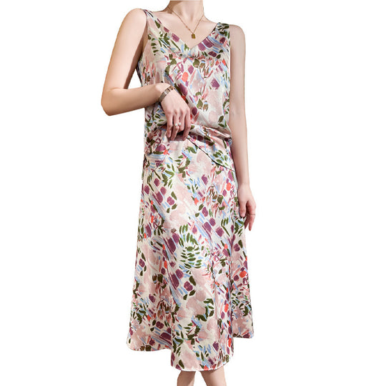 Damen Satin-Midirock mit abstraktem Aquarell-Blumenprint und hohem Bund Shop Nory