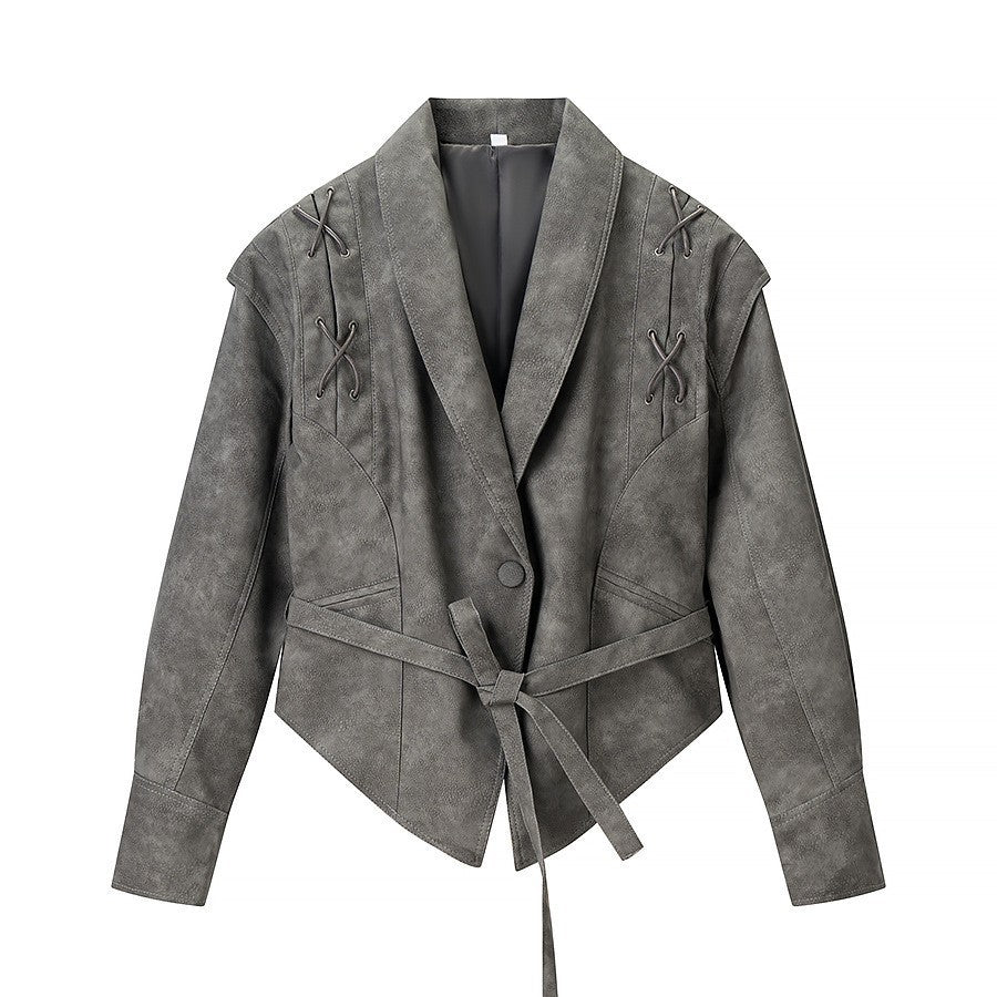 Damen Kurzjacke aus Veloursoptik mit Wickelgürtel und Schnürdetail Shop Nory