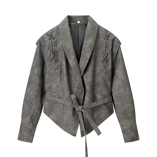 Damen Kurzjacke aus Veloursoptik mit Wickelgürtel und Schnürdetail Shop Nory